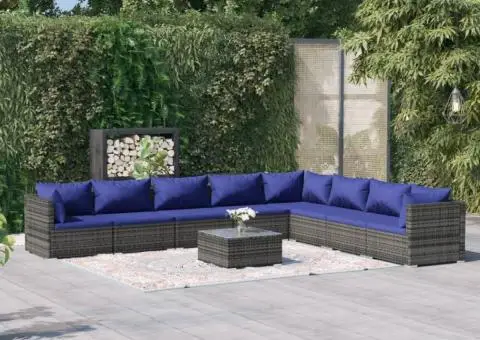 Set mobilier de grădină cu perne, 9 piese, gri, poliratan - 1/5