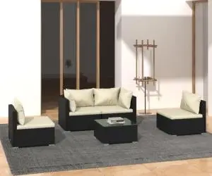 vidaXL Set mobilier de grădină cu perne, 5 piese, negru, poliratan