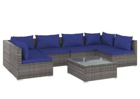 Set mobilier de grădină cu perne, 7 piese, gri, poliratan - 2/5