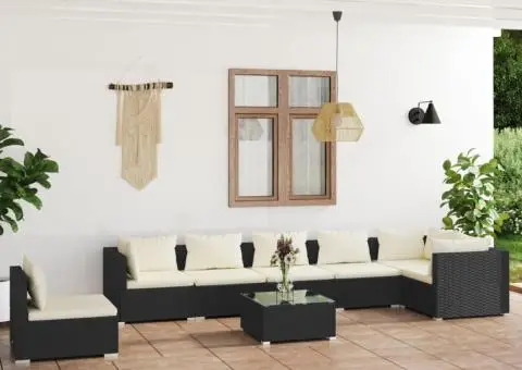 Set mobilier de grădină cu perne, 8 piese, negru, poliratan - 1/5