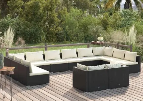 Set mobilier de grădină cu perne, 12 piese, negru, poliratan - 1/5