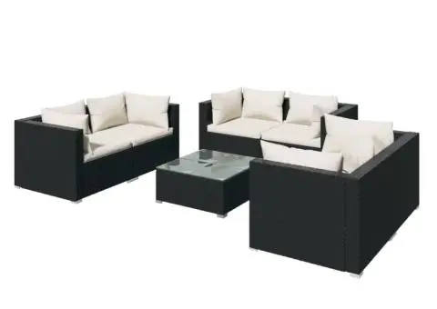 Set mobilier de grădină cu perne, 7 piese, negru, poliratan - 2/5