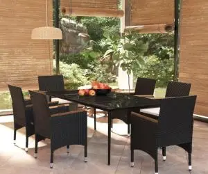 vidaXL Set de masă pentru grădină, 7 piese, cu perne, negru