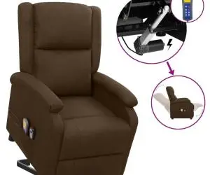 vidaXL Fotoliu de masaj cu ridicare, maro închis, material textil