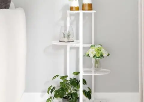 Suport de flori cu 4 etaje, cu roți, alb, 44x23x80 cm, fier - 1/5