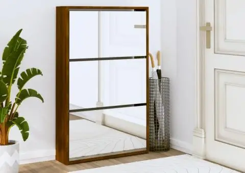 Pantofar cu oglindă, 3 niveluri, Stejar maro, 63x17x102,5 cm - 1/5