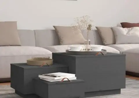 Cutii de depozitare cu capace 3 buc., gri, lemn masiv de pin - 1/5