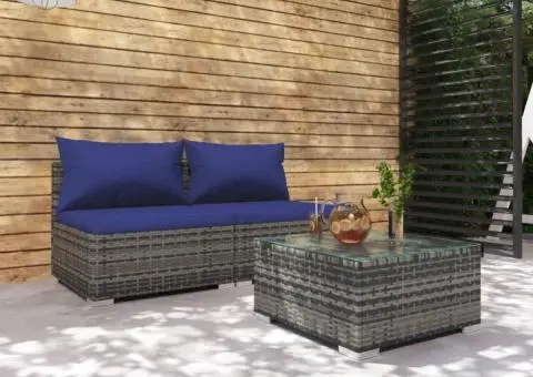 Set mobilier de grădină cu perne, 3 piese, gri, poliratan - 1/5