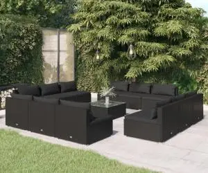 vidaXL Set mobilier de grădină cu perne, 13 piese, negru, poliratan