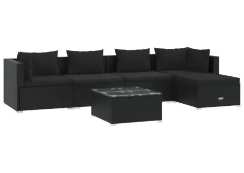 Set mobilier de grădină cu perne, 6 piese, negru, poliratan - 2/5