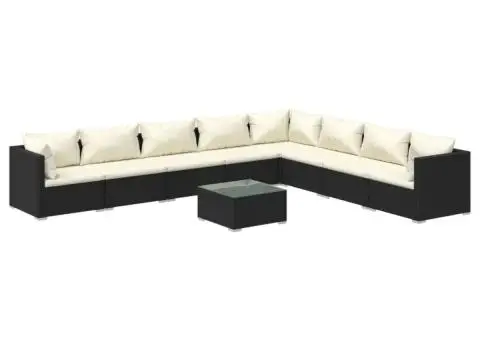 Set mobilier de grădină cu perne, 9 piese, negru, poliratan - 2/5