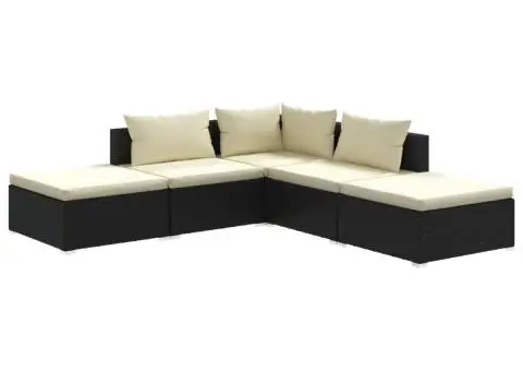 Set mobilier de grădină cu perne, 5 piese, negru, poliratan - 2/5