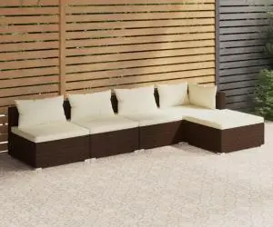 vidaXL Set mobilier de grădină cu perne, 5 piese, maro, poliratan