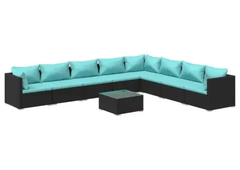 Set mobilier de grădină cu perne, 9 piese, negru, poliratan - 2/5