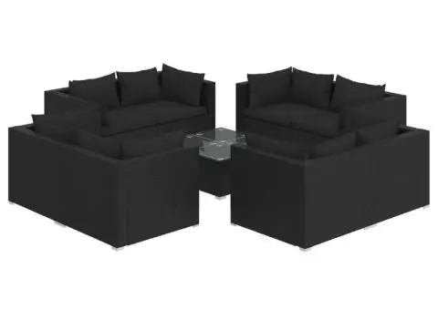 Set mobilier de grădină cu perne, 9 piese, negru, poliratan - 2/5