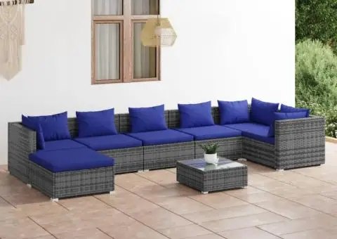 Set mobilier de grădină cu perne, 8 piese, gri, poliratan - 1/5