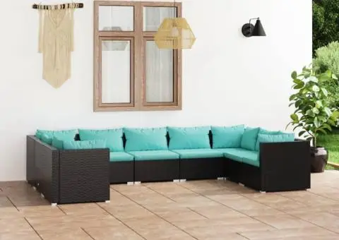 Set mobilier de grădină cu perne, 9 piese, negru, poliratan - 1/5