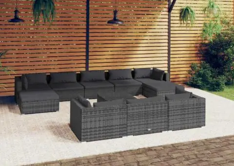 Set mobilier de grădină cu perne, 11 piese, gri, poliratan - 1/5