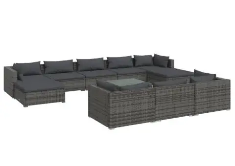 Set mobilier de grădină cu perne, 11 piese, gri, poliratan - 2/5