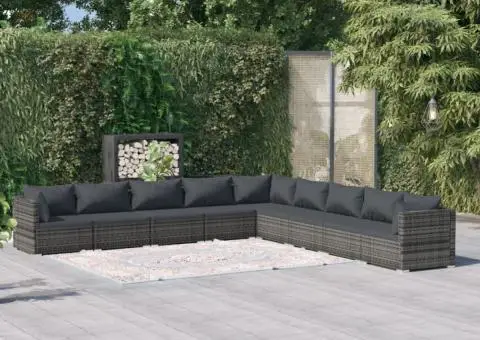 Set mobilier de grădină cu perne, 9 piese, gri, poliratan - 1/5