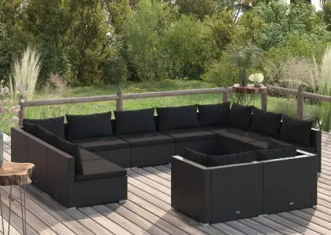 Set mobilier de grădină cu perne, 11 piese, negru, poliratan - 1/5