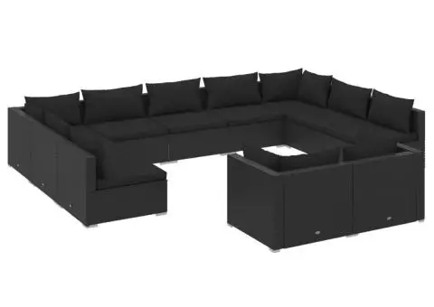 Set mobilier de grădină cu perne, 11 piese, negru, poliratan - 2/5