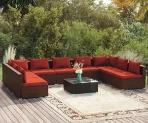 vidaXL Set mobilier de grădină cu perne, 10 piese, maro, poliratan
