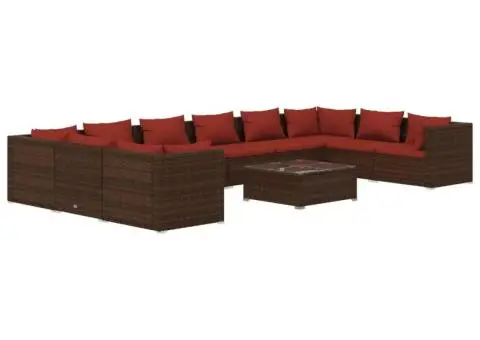Set mobilier de grădină cu perne, 11 piese, maro, poliratan - 2/5