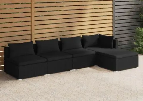 Set mobilier de grădină cu perne, 5 piese, negru, poliratan - 1/5