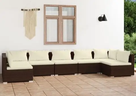 Set mobilier de grădină cu perne, 7 piese, maro, poliratan - 1/5