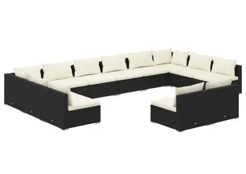 Set mobilier de grădină cu perne, 12 piese, negru, poliratan - 2/5