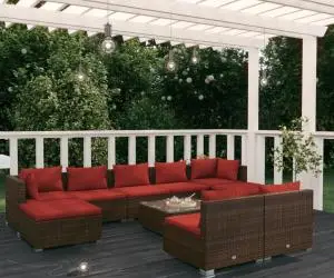 vidaXL Set mobilier de grădină cu perne, 10 piese, maro, poliratan