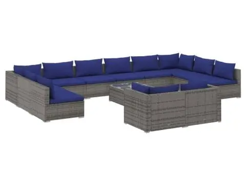 Set mobilier de grădină cu perne, 13 piese, gri, poliratan - 2/5