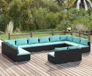 vidaXL Set mobilier de grădină cu perne, 12 piese, negru, poliratan