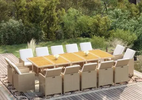 Set mobilier de exterior cu perne, 15 piese, bej, poliratan - 1/5