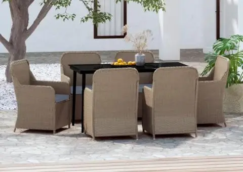 Set de masă pentru grădină, 7 piese, cu perne, maro - 1/5