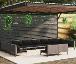 Set mobilier de grădină cu perne 12 piese gri închis poliratan