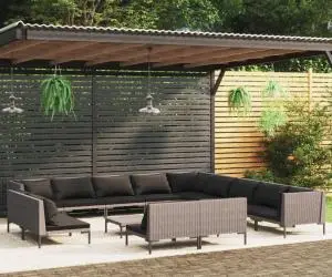 vidaXL Set mobilier de grădină cu perne,14 piese,gri închis, poliratan