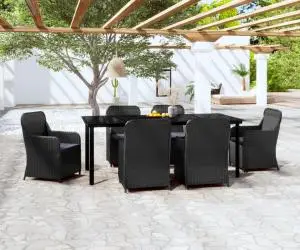 vidaXL Set de masă pentru grădină, 7 piese, cu perne, negru
