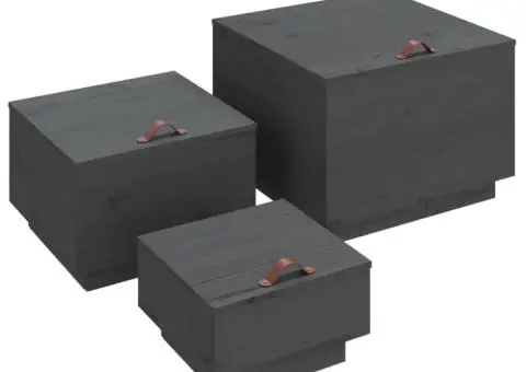 Cutii de depozitare cu capace 3 buc., gri, lemn masiv de pin - 2/5