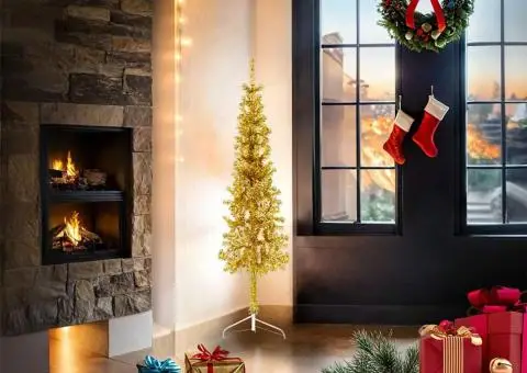 Jumătate brad de Crăciun subțire cu suport, auriu, 150 cm - 2/5