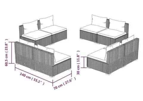 Set mobilier de grădină cu perne, 8 piese, gri, poliratan - 5/5