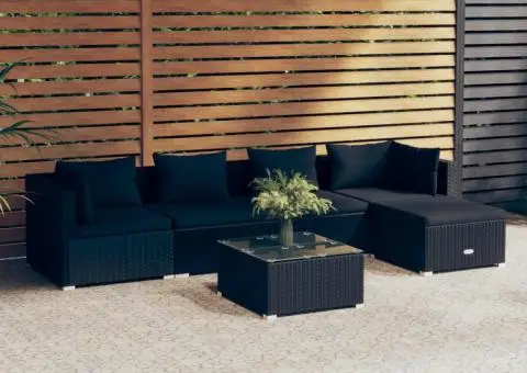 Set mobilier de grădină cu perne, 6 piese, negru, poliratan - 1/5