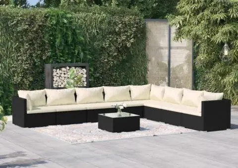 Set mobilier de grădină cu perne, 9 piese, negru, poliratan - 1/5