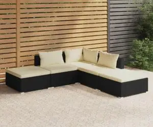 vidaXL Set mobilier de grădină cu perne, 5 piese, negru, poliratan