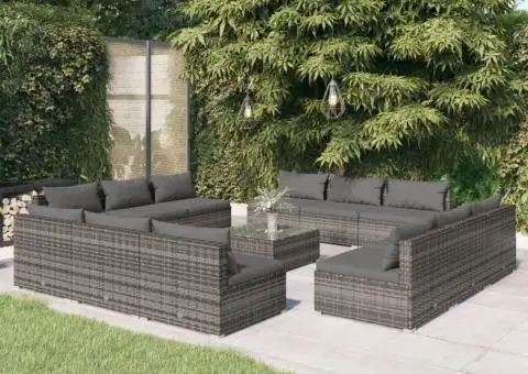 Set mobilier de grădină cu perne, 13 piese, gri, poliratan - 1/5