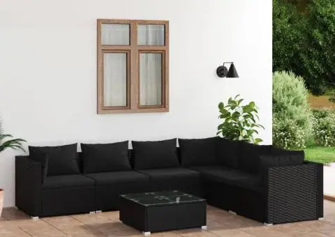 Set mobilier de grădină cu perne, 7 piese, negru, poliratan - 1/5
