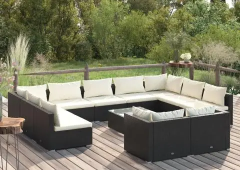 Set mobilier de grădină cu perne, 12 piese, negru, poliratan - 1/5