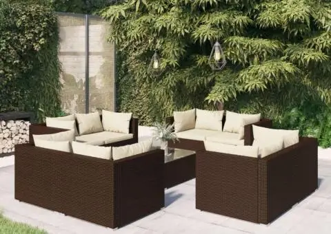 Set mobilier de grădină cu perne, 9 piese, maro, poliratan - 1/5
