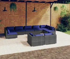 vidaXL Set mobilier de grădină cu perne, 10 piese, gri, poliratan